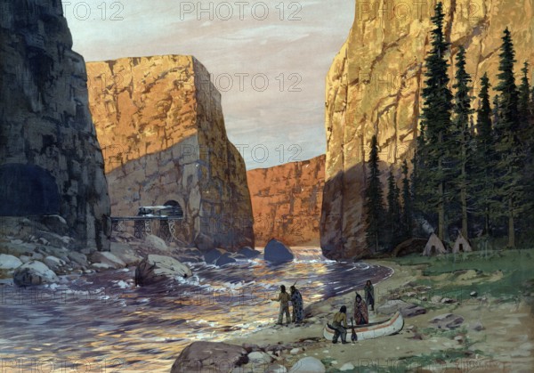 Indians with a canoe by the river, in the background the Canadian Pacific Railway, Canada,