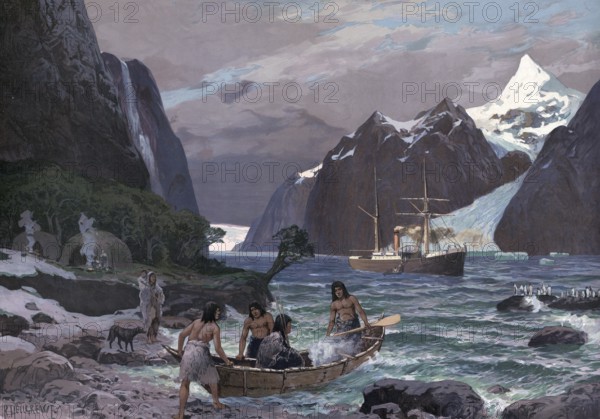 Locals with a boat and a steamer on their way through the Strait of Magellan, a strait with