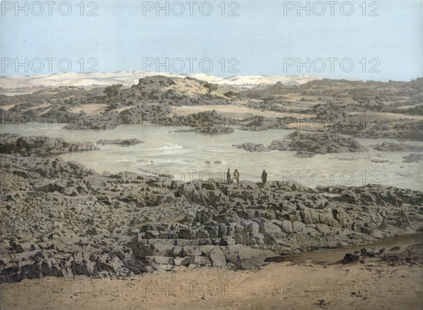 The Nile Valley near Asuan with rapids, Aswan, Egypt, authentic reproduction of a school mural,
