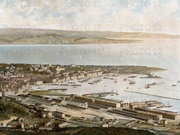 The port of Trieste, Italy, authentic reproduction of a school mural, historical, around 1900
