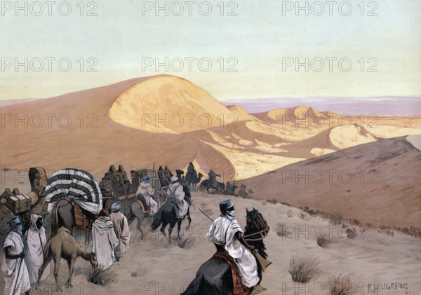 Caravan on the way through the dunes of the Sahara, Algeria, authentic reproduction of a school
