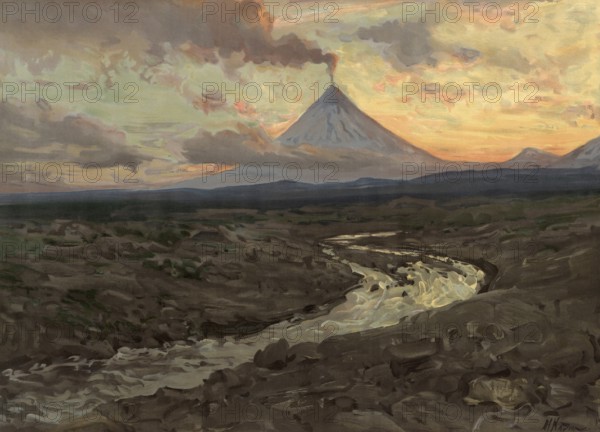 Active volcano on Kamchatka, peninsula in northeast Asia, Russia, authentic reproduction of a