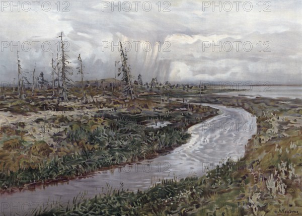 Tundra landscape in Siberia, Russia, authentic reproduction of a school mural, historical, around