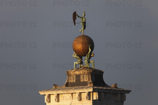 Dogana da Mar, moving wind vane of Fortuna on a gilded globe carried by atlases, Venice, Veneto,