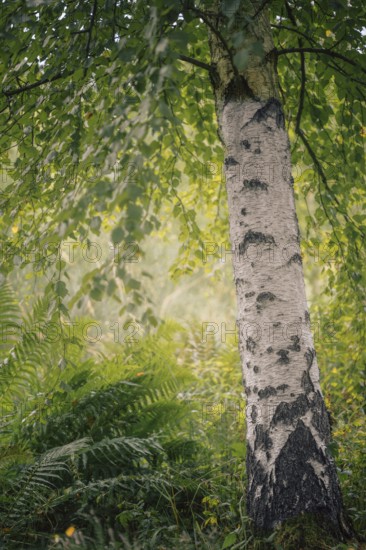 Birch (Betula sp.), white birch trunk with dark bark markings in fern undergrowth, soft diffuse