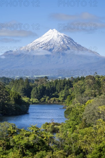 Lake Mangamahoe with views of Mount Taranaki. Egmont National Park, Taranaki Region, North Island,