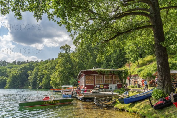 Ferry station, canoe rental and café on Lake Schmaler Luzin, Hullerbusch Nature Reserve, Feldberg