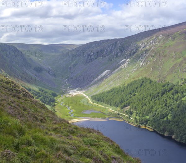 View of Upper Lake and Miners Village, Wicklow Mountains National Park, Glendalough, Brockagh,