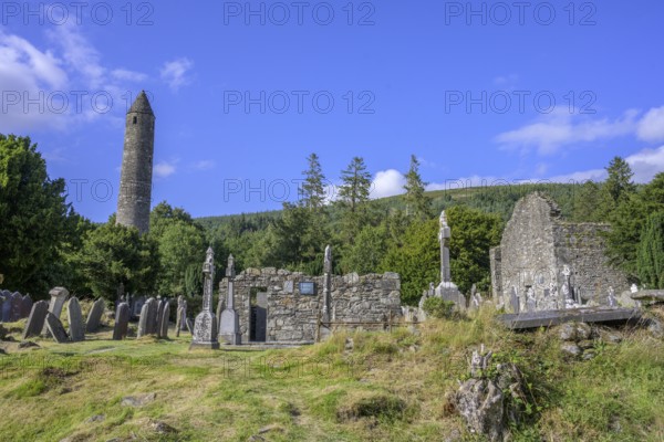 Round Tower and Cemetery, Glendalough, Wicklow Mountains National Park, Brockagh, County Wicklow,