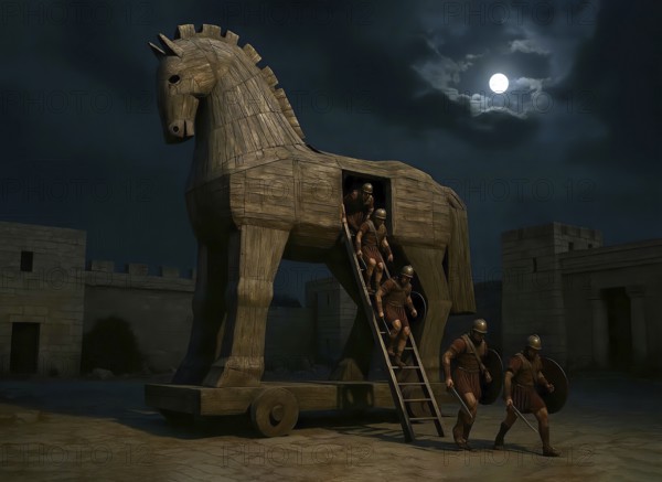 The Trojan horse stands at night in the ancient city of Troy, Greek warriors get out of the belly