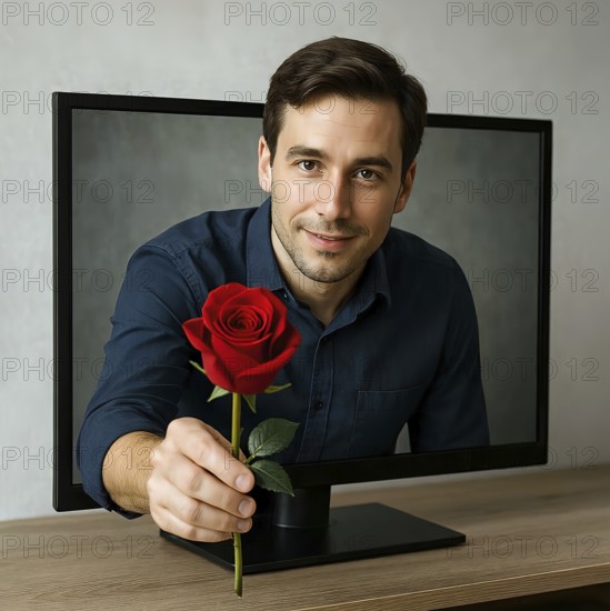 A man looks out of a television monitor with a rose in his hand, symbolic image fantasy,