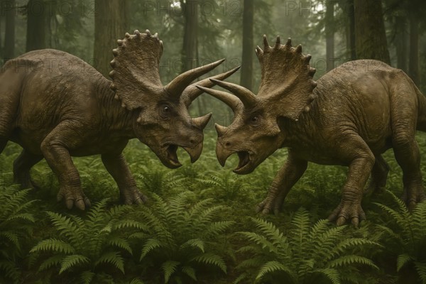 Two dinosaurs, two triceratops, with threatening gestures in a prehistoric forest, symbol fossil,