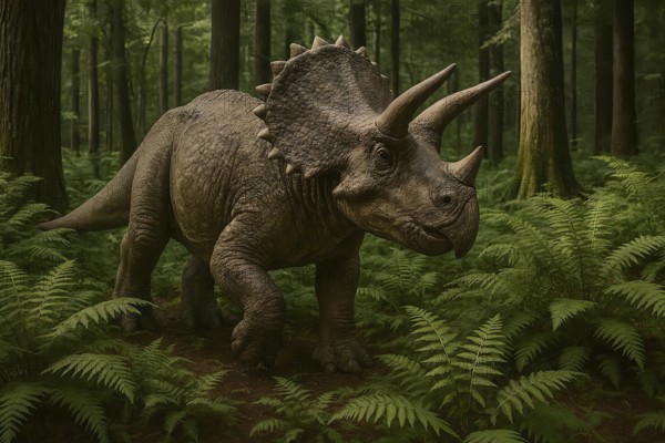 A dinosaur, a triceratops, runs through a prehistoric forest, symbol fossil, extinct, prehistoric,