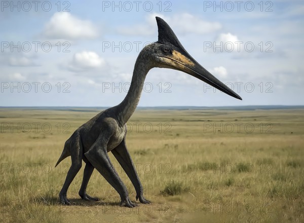 A dinosaur, a Quetzalcoatlus, in the prehistoric steppe, fossil, extinct, prehistoric, Cretaceous,