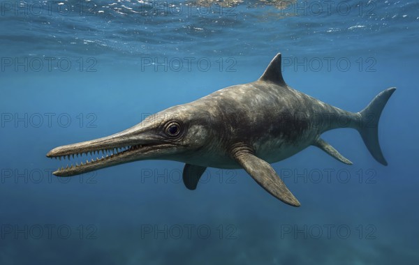 A dinosaur, an ichthyosaur in ocean water, fossil, extinct, prehistoric, Cretaceous, dinosaur,