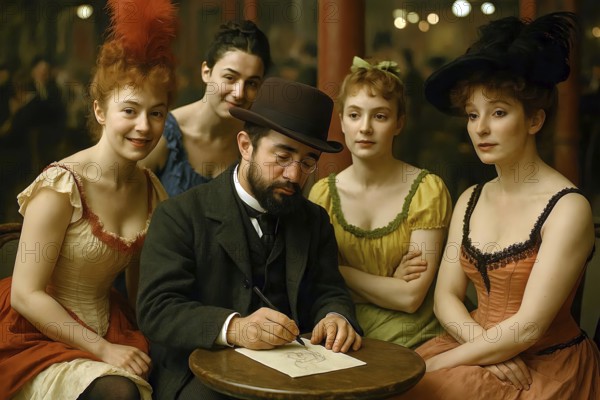 The painter Henri de Toulouse-Lautrec sits in Moulin Rouge in Paris surrounded by dancers, symbolic