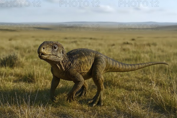 A dinosaur, a heterodontosaurus in the prehistoric steppe, fossil, extinct, prehistoric, dinosaur,