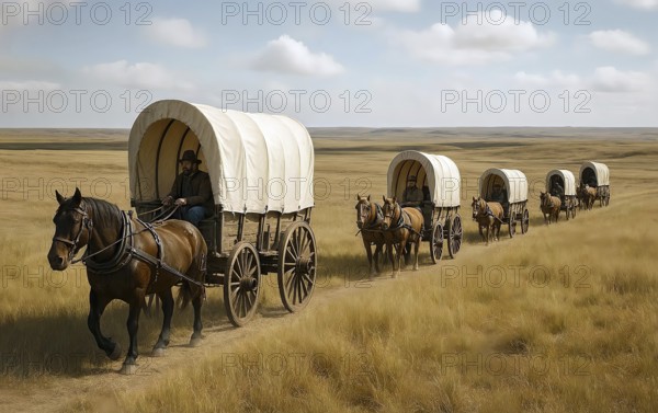 A trek of covered wagons travels through the prairies of North America, symbolic image settlers,