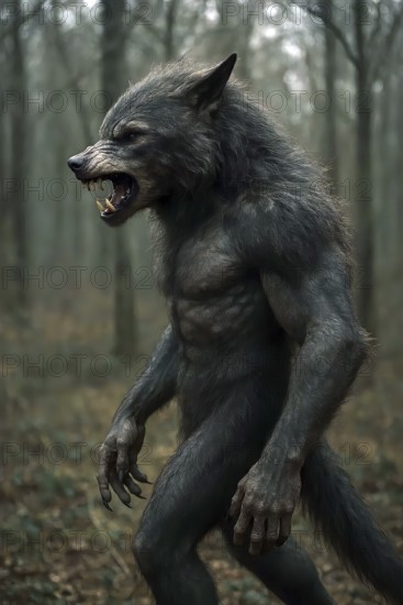 A werewolf after transformation in a dark forest, symbolic image beast, mythology, legend, horror,