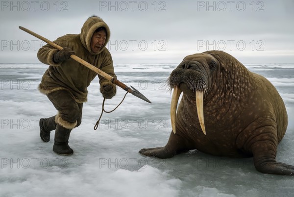 An Inuit hunts a walrus in the snowy Arctic, symbol Eskimo, polar region, winter, hunting,