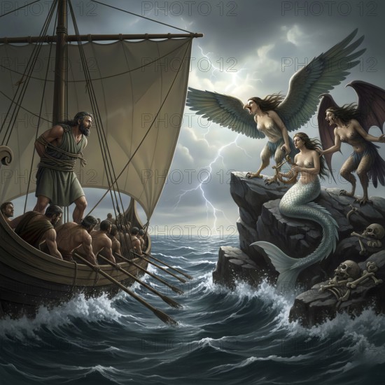 Odysseus wandering, tied to a mast to resist the singing of the sirens, symbolic image hybrid,