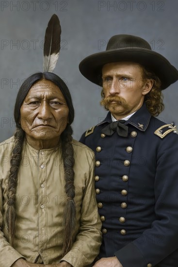 Portrait, Sioux Indian Chief Sitting Bull and General George Armstrong Custer, Enemy Symbolic
