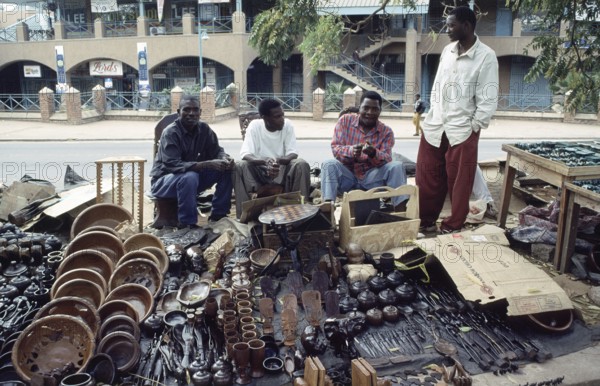 Artist, woodcarving stand at Lilongwe market, Malawi, Africa, June 2000, vintage, retro, old,