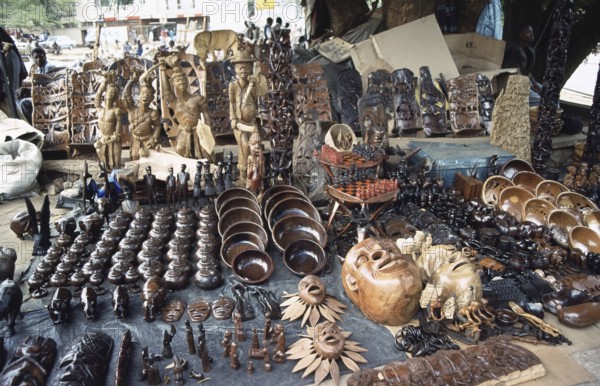 Carvings, wood carving stand at Lilongwe market, Malawi, Africa, June 2000, vintage, retro, old,