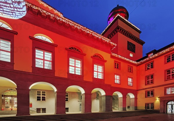 The town hall illuminated for the Christmas market in Witten, Ruhr area, North Rhine-Westphalia,