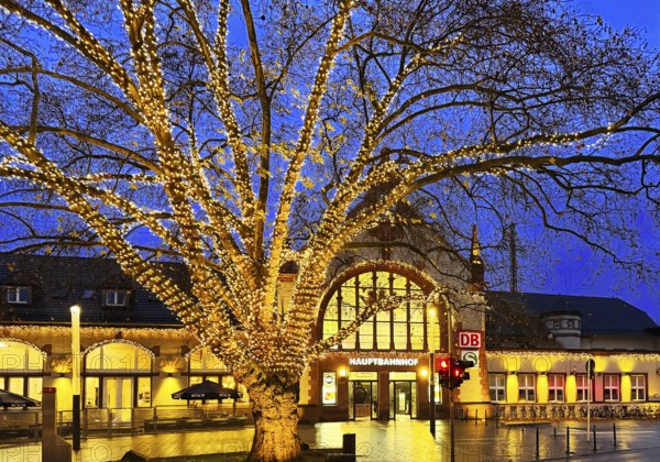 Central Station with Christmas lights in the evening, Witten, Ruhr area, North Rhine-Westphalia,