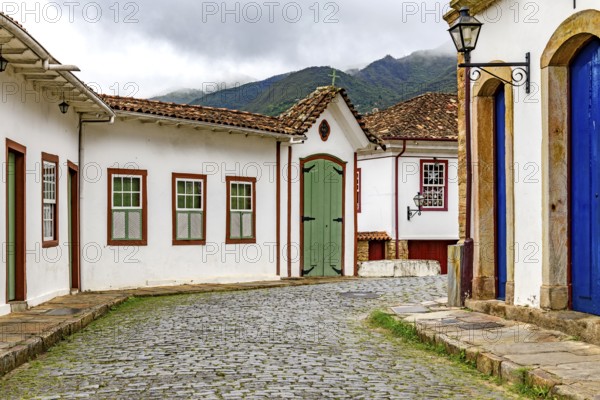 Old colonial houses and chapel on the streets of the historic city of Ouro Preto, Ouro Preto, Minas