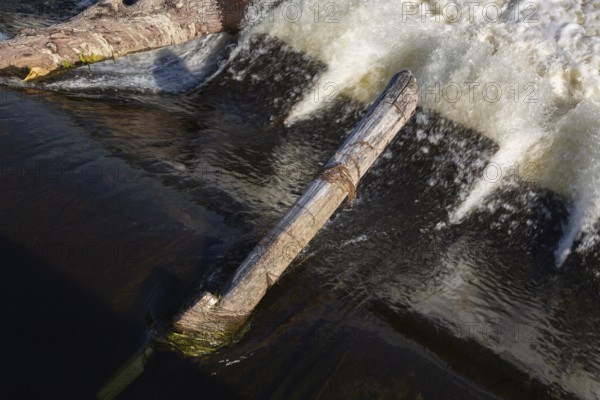 Driftwood logs jammed on hydraulic jumps at base of water diversion dam on Des Mille-Iles RIver in