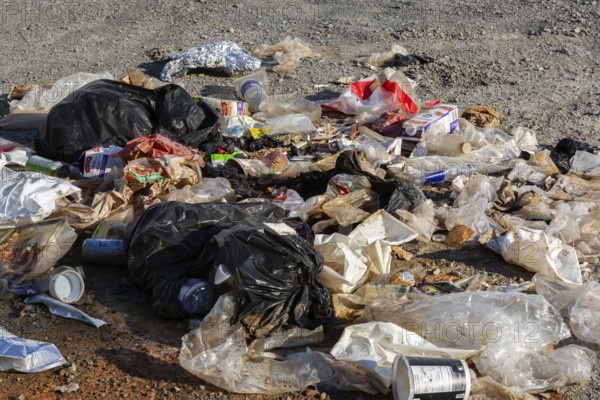 Recyclable plastic, paper and cardboard items discarded on the ground in public park, Quebec,