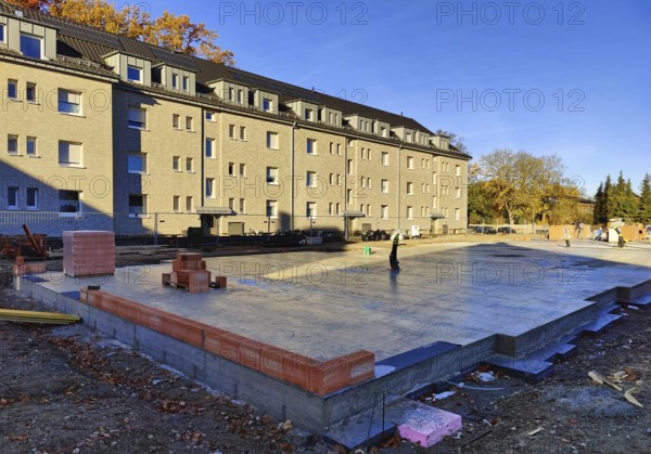 Construction site with finished cast foundation for an apartment building, Lippstadt, North