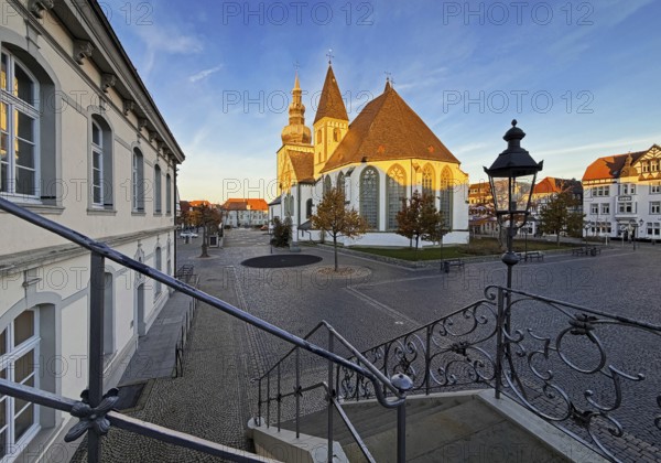 Great St. Mary's Church seen from City Hall at sunrise, Rathausplatz, Lippstadt, North