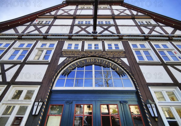 Beautiful door detail on the half-timbered Altes brewhouse in the historic city center of