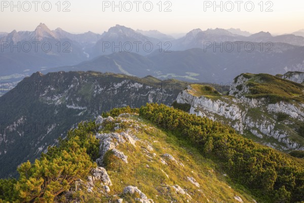 At the Berchtesgaden High Throne in summer at sunset, view of Watzmann. Untersberg, Berchtesgadener