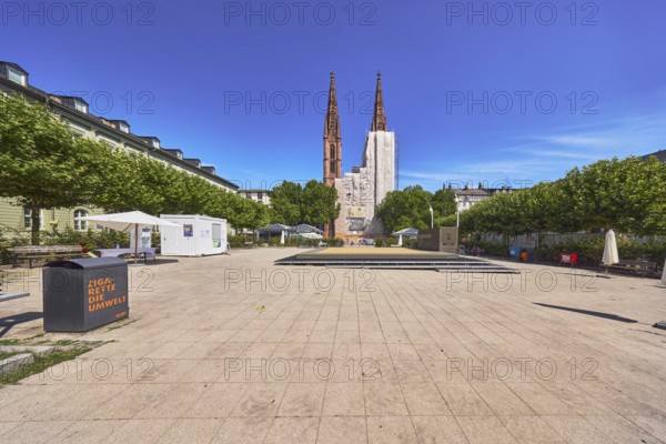 St. Boniface Catholic Church, scaffolding, renovation, concrete paving square, trees, general