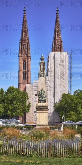 Waterloo monument, St. Boniface Catholic Church, scaffolding, renovation, trees, garden, flower