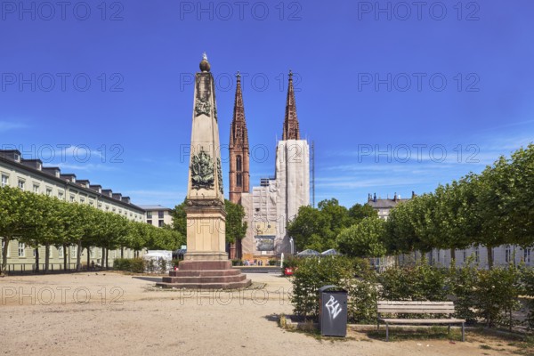 St. Boniface Catholic Church, Waterloo monument, scaffolding, renovation, bench, public trash can,