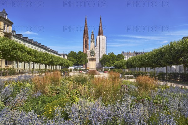 Park, flower bed, plants, Waterloo monument, St. Boniface Catholic Church, scaffolding, renovation,