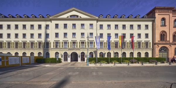 Hessian state parliament, former court marshal office, architectural style classicism, flagpoles,