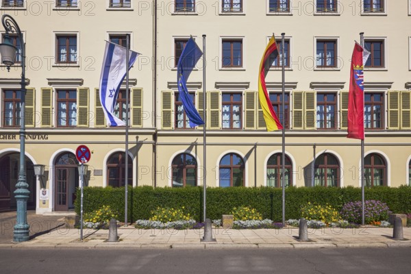 State parliament, flagpoles, flags, Israeli flag, German flag, European flag, Hesse flag, façade