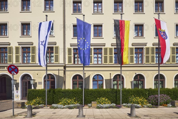 Flags, Israeli flag, German flag, European flag, flag of Hesse, flagpoles, state parliament, façade