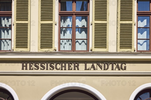 Hessian state parliament, sign state parliament, sunny, Schlossplatz, Wiesbaden, state capital,