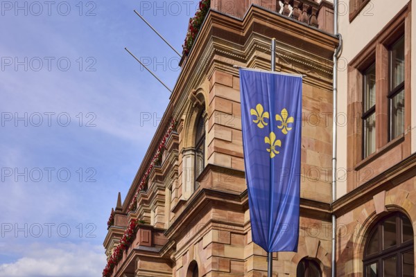 Flag of the city of Wiesbaden, town hall, façade, sandstone building material, architect Georg von