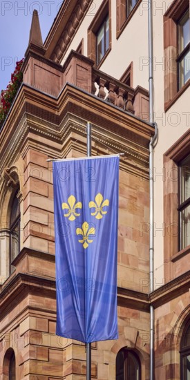 Flag of the city of Wiesbaden, town hall, façade, sandstone building material, architect Georg von