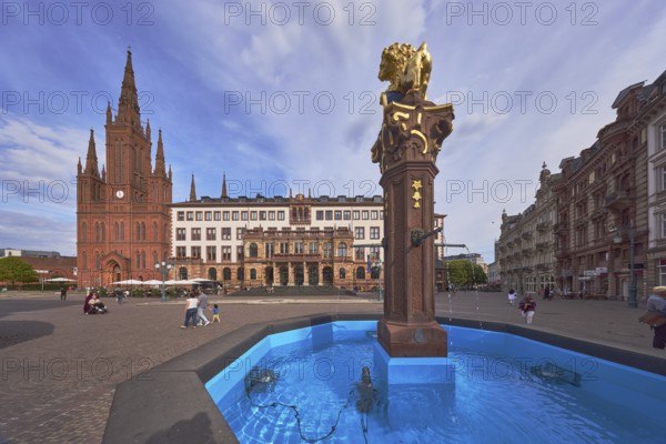 Market fountain, lion sculpture, town hall, neo-Renaissance style, architect Georg von