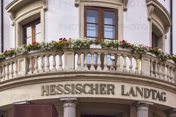 Wilhelmsbau, state parliament, balcony, flower boxes, state parliament sign, former military