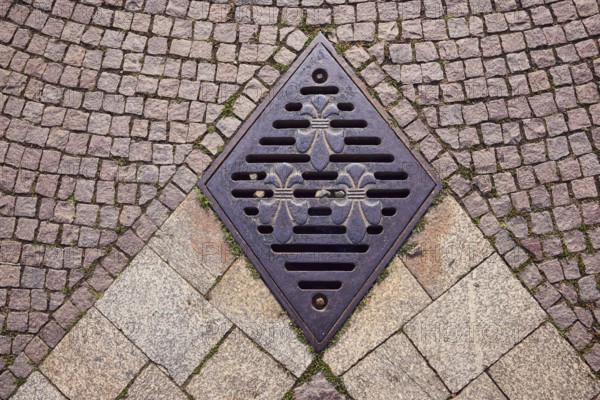 Manhole cover, city coat of arms, square made of paving stones and marble slabs, sunny, Wiesbaden,